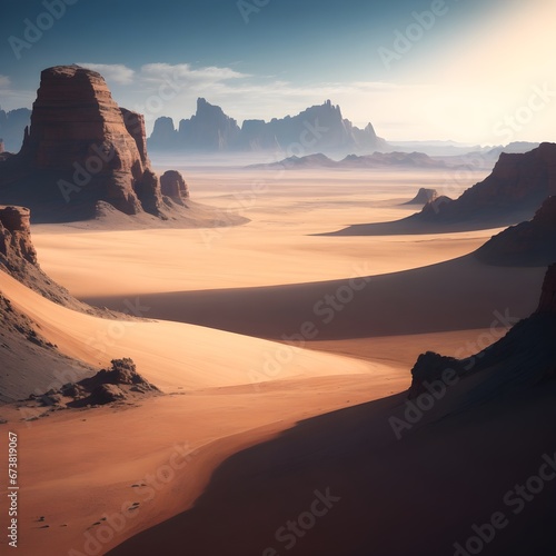 A vast empty planet with sand   rocks  and mountains