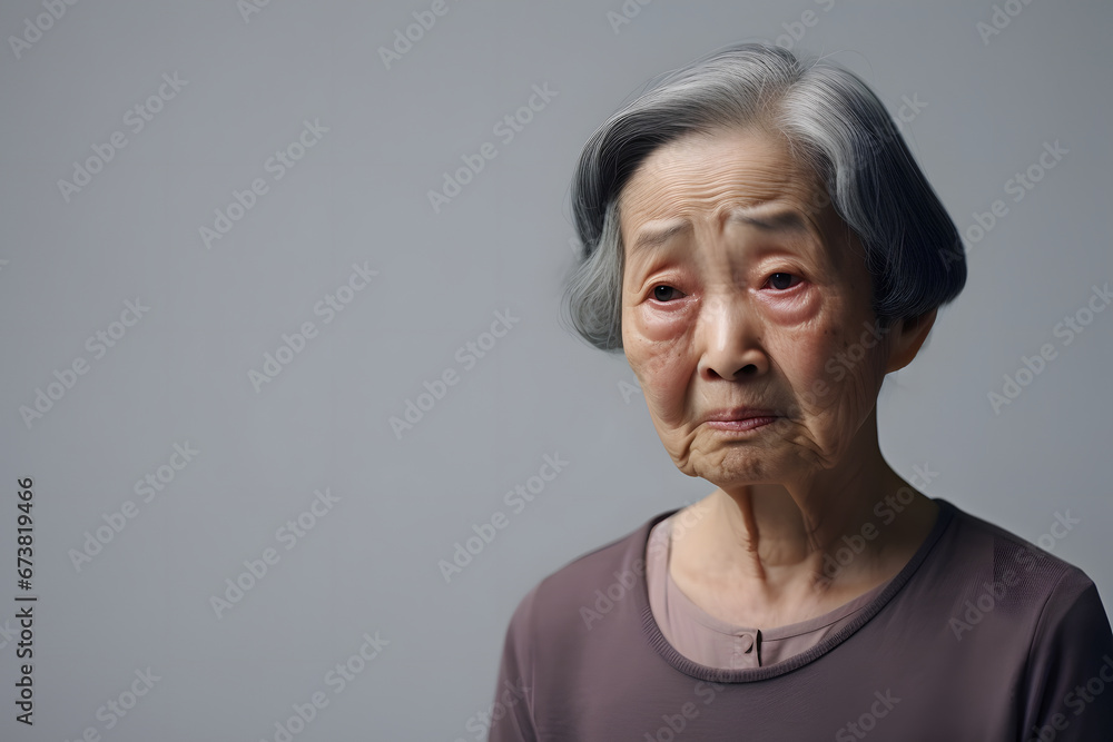 Sad crying Asian woman portrait on light-grey background. Neural network generated photorealistic image. Not based on any actual person or scene. Sad crying Asian woman portrait on light-grey background. Neural network generated photorealistic image. Not based on any actual person or scene.
