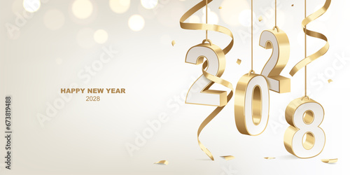 Happy New Year 2028. Decoration of golden white 3D hanging numbers with ribbons and confetti, holiday card design.