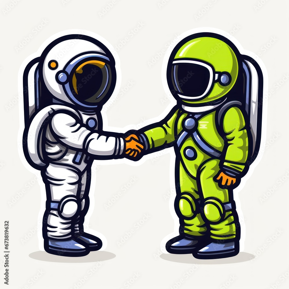 Astronaut and astronaut handshaking, cartoon. Alien Sticker Isolated. Logotype. Sticker. Extraterrestrial Life Concept.