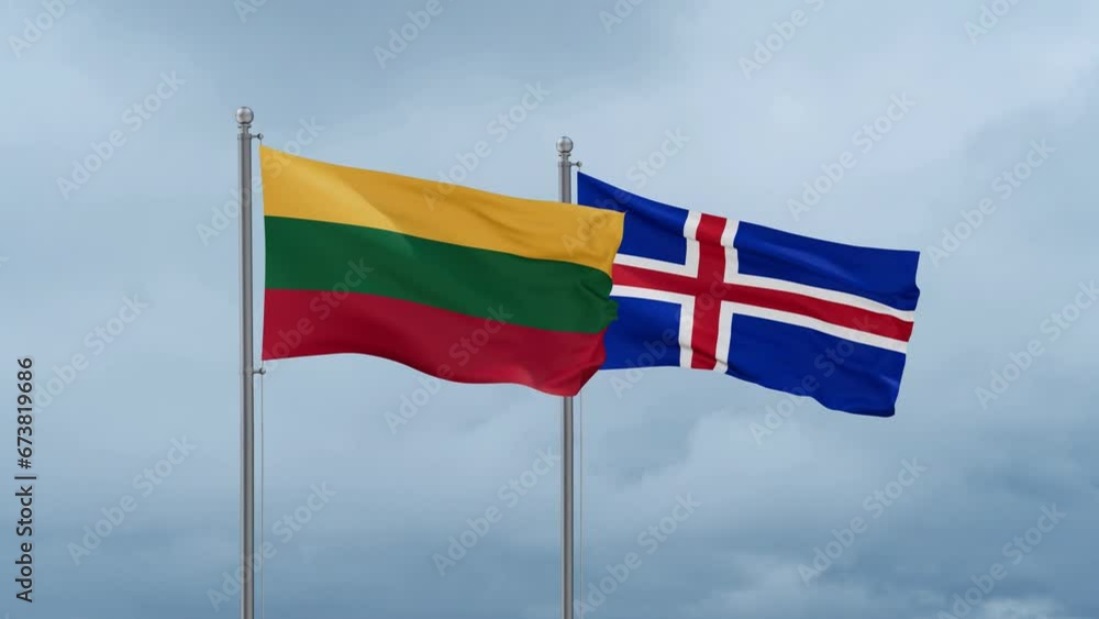 Iceland and Lithuania flag waving together on cloudy sky, endless seamless loop, two country cooperation concept Iceland and Lithuania flag waving together on cloudy sky, endless seamless loop, two country cooperation concept