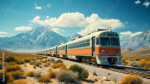 Train rides on railway tracks through the picturesque desert and mountain landscape