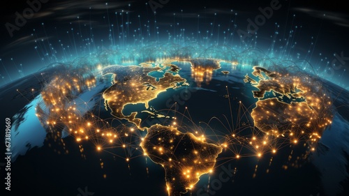 World with network connections. Communication occurs via various technologies such as Wi-Fi, cellular, Bluetooth, Ethernet and more. These technologies enable the exchange of data in real time. photo