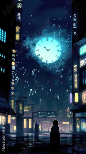 Back view of a businessman looking at clock in city at night. Time concept