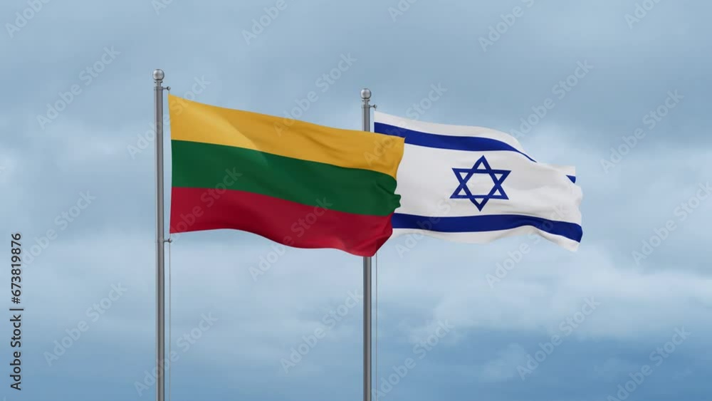 Israel flag and Lithuania flag waving together on cloudy sky, endless seamless loop, two country relations concept Israel flag and Lithuania flag waving together on cloudy sky, endless seamless loop, two country relations concept