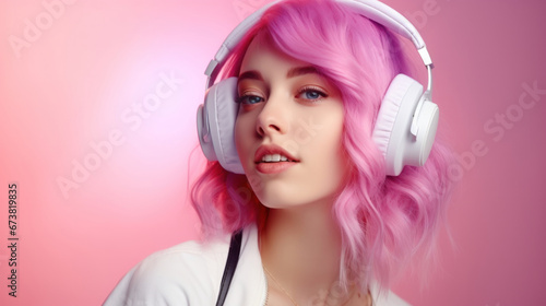 Melodic Pink: Stunning Girl with Vibrant Hair Immersed in Music Through Headphones Against a Rosy Backdrop.