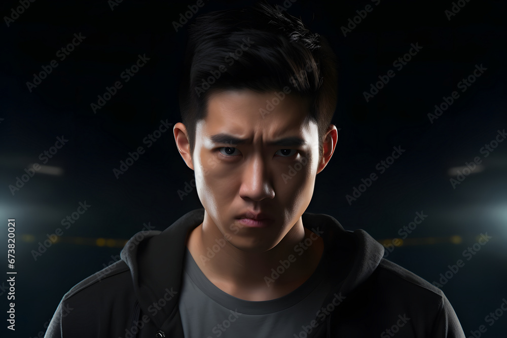 Fototapeta premium serious young adult Asian man, head and shoulders portrait on black background. Neural network generated photorealistic image. Not based on any actual person or scene.