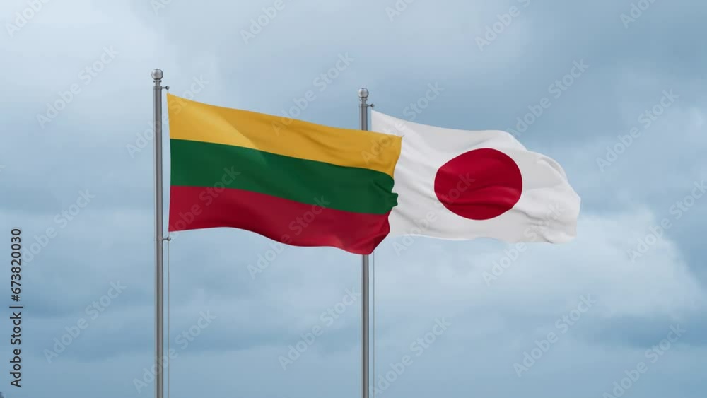 Japan flag and Lithuania flag waving together on cloudy sky, endless seamless loop, two country relations concept Japan flag and Lithuania flag waving together on cloudy sky, endless seamless loop, two country relations concept