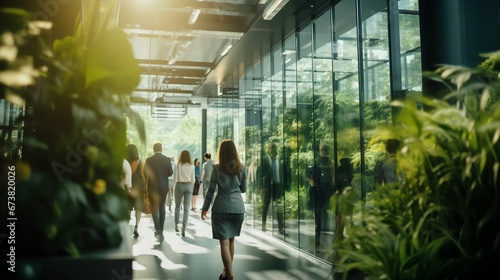 Green office walls with plants. Employee wellness and nature friendly corporate environment with modern, sustainable and ecological office space. ESG standards for responsible business.