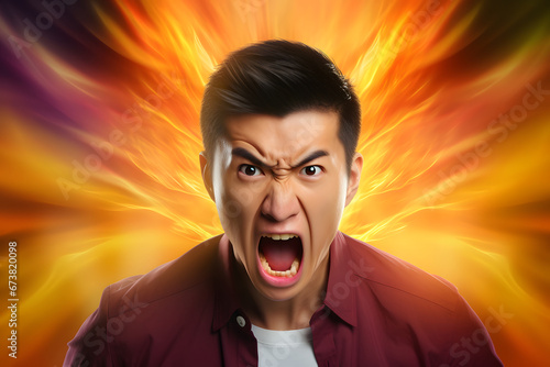 Angry young adult Asian man yelling, portrait on yellow flames background. Neural network generated image. Not based on any actual person or scene. photo