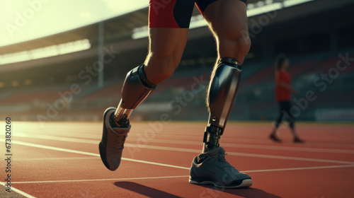 Determined Pro Athlete with Prosthetics Primed at the Starting Line on a Stadium Track.
