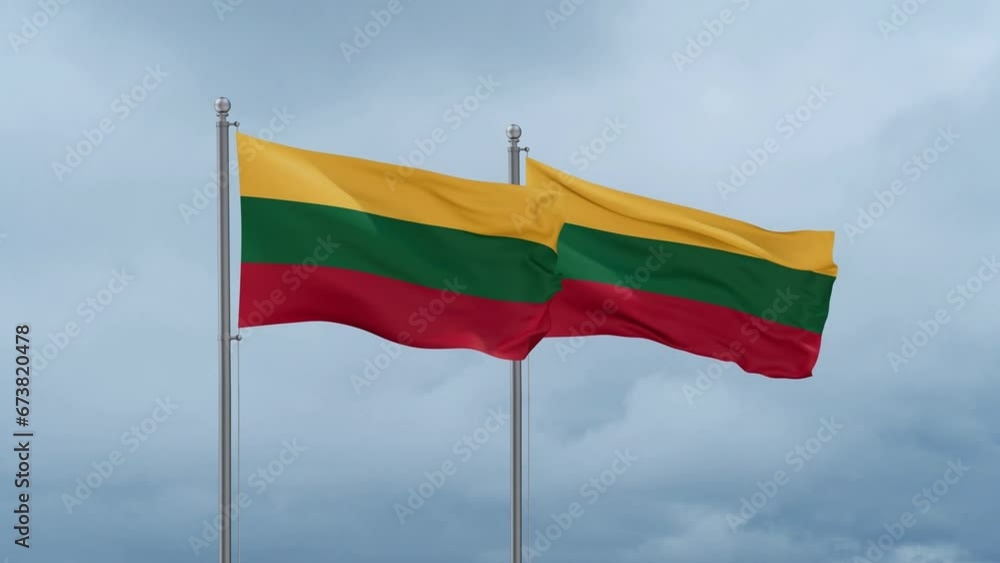 Two Lithuania flag waving together on cloudy sky, endless seamless loop, two country relations concept Two Lithuania flag waving together on cloudy sky, endless seamless loop, two country relations concept