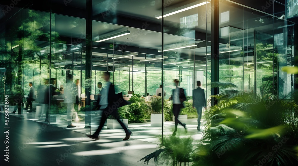 Green, sustainable and environmental office space with daily employee rush. Modern and nature friendly startup business with ESG standards and care for worker wellness and healthy environment.