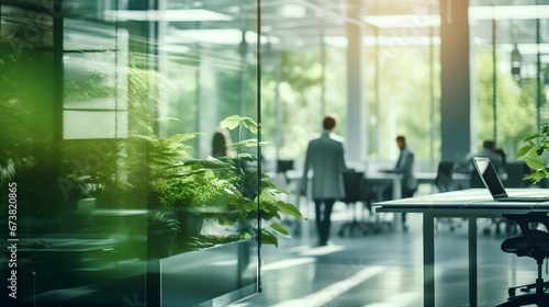 Green, sustainable and environmental office space with daily employee rush. Modern and nature friendly startup business with ESG standards and care for worker wellness and healthy environment. photo