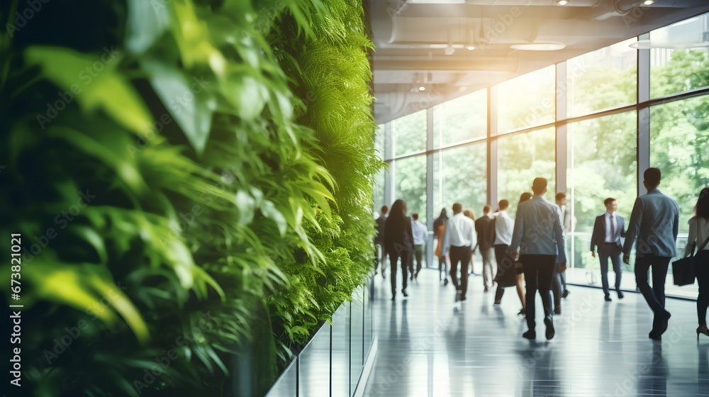 Green, sustainable and environmental office space with daily employee rush. Modern and nature friendly startup business with ESG standards and care for worker wellness and healthy environment. - obrazy, fototapety, plakaty 