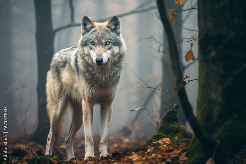Fototapeta premium illustration of a gray wolf in the forest. Created with Generative AI