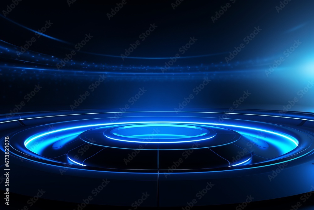 Dark Modernism: Circular Frame on Vivid Blue Backdrop with Bright Lights. Dark Modernism: Circular Frame on Vivid Blue Backdrop with Bright Lights.