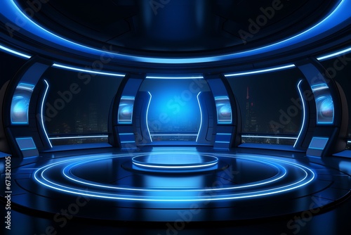 Embracing Retro-Futurism in an Ambient Black Room with Entrancing Blue Lighting