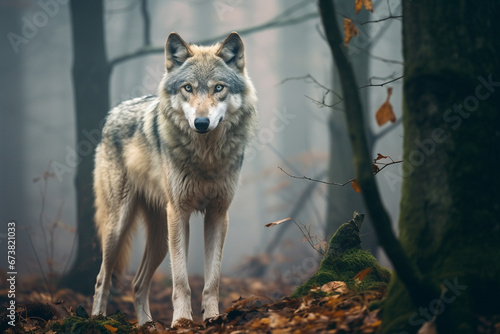 illustration of a gray wolf in the forest. Created with Generative AI