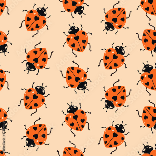 Seamless pattern with ladybugs in the shape of hearts.Vector graphics.