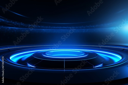Dark Modernism: Circular Frame on Vivid Blue Backdrop with Bright Lights.