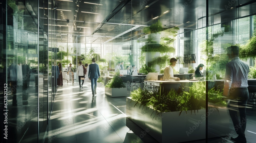 Green, sustainable and environmental office space with daily employee rush. Modern and nature friendly startup business with ESG standards and care for worker wellness and healthy environment. - obrazy, fototapety, plakaty 