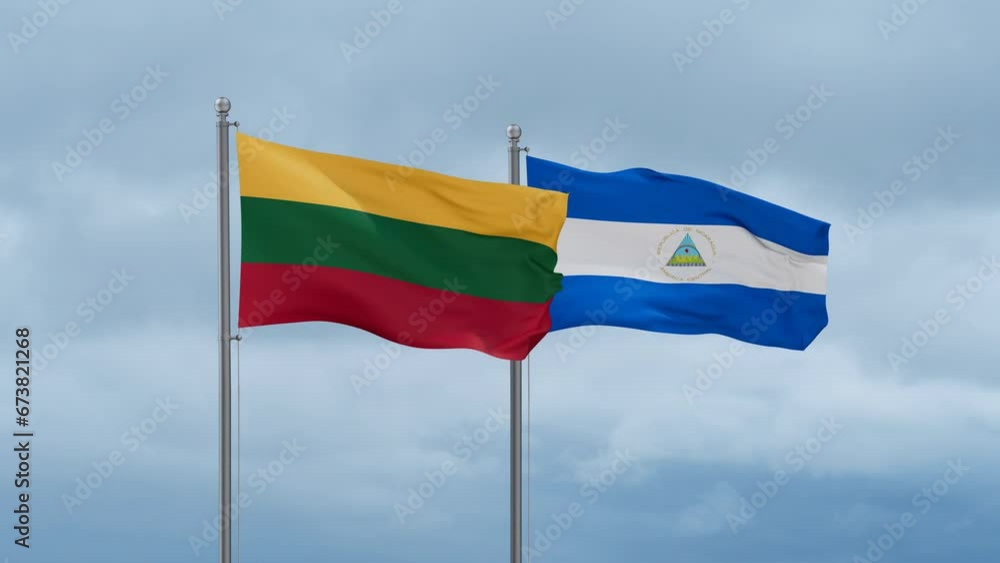 Nicaragua flag and Lithuania flag waving together on cloudy sky, endless seamless loop, two country relations concept Nicaragua flag and Lithuania flag waving together on cloudy sky, endless seamless loop, two country relations concept