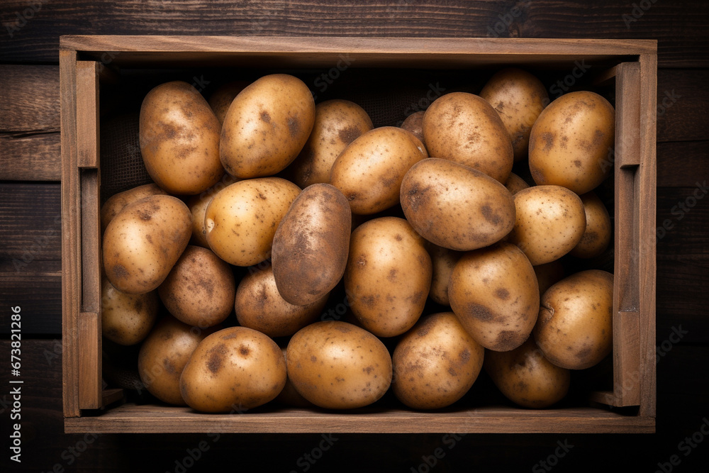 illustration of a wooden box with potatoes. Created with Generative AI illustration of a wooden box with potatoes. Created with Generative AI