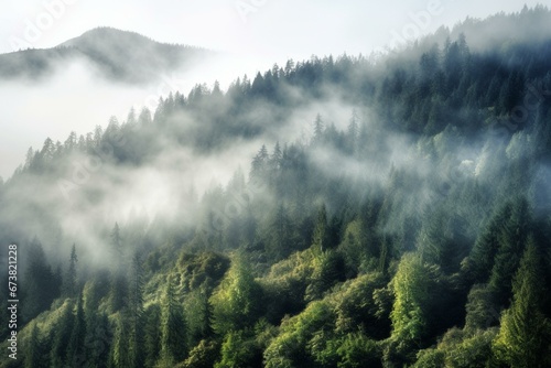 Forest mist. Morning fog. Mountain landscape. Generative AI