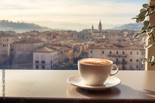 cup of coffee on the table with italian city in background. Created with Generative AI