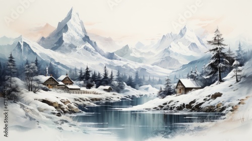 Quiet snow-covered winter landscape with mountains
