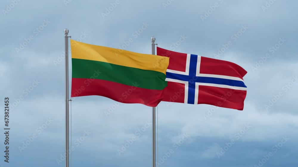 Norway flag and Lithuania flag waving together on cloudy sky, endless seamless loop, two country relations concept Norway flag and Lithuania flag waving together on cloudy sky, endless seamless loop, two country relations concept