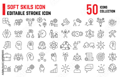 Soft skills editable stroke icon, also including puzzle, problem-solving, creativity, strategy, confidence, collaboration, goals, brain, multitasking. Thin line icon
