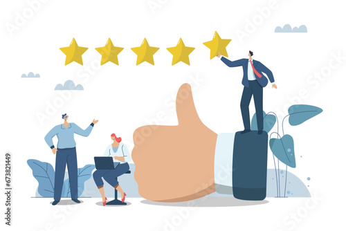 People reviews and feedback ideas, Evaluating in the best credit ratings and customer satisfaction, Team of business people analyzes the reviews or feedback on the organization's products. photo