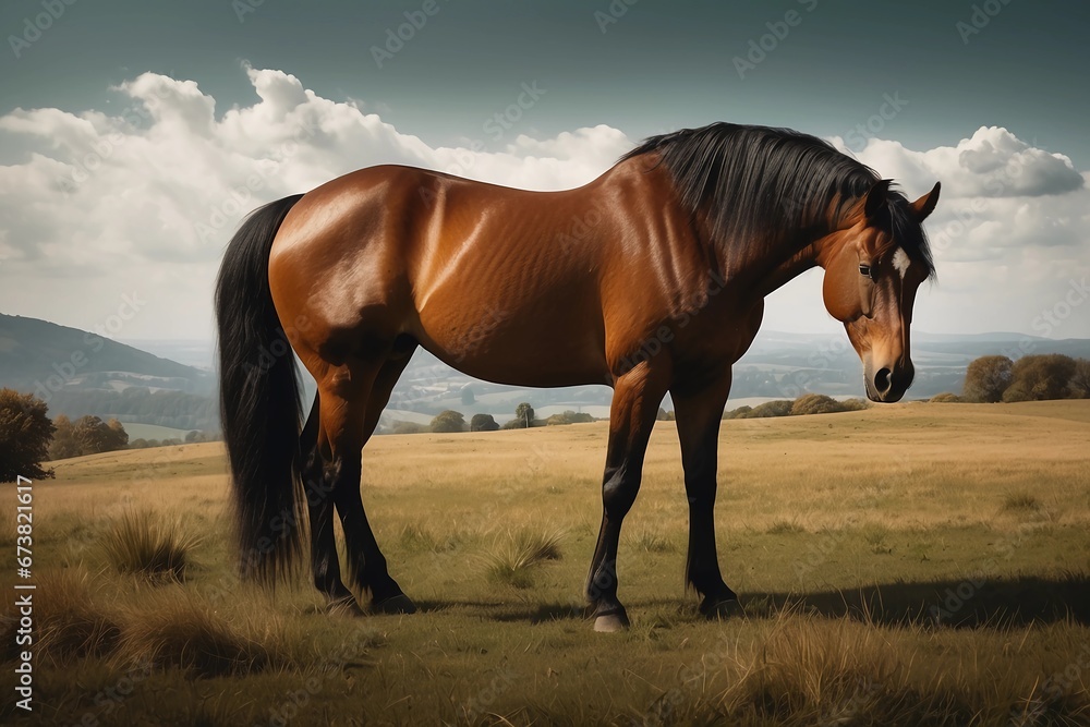 Sovereign of Serenity: Horse Standing Majestically in Tranquil Fields