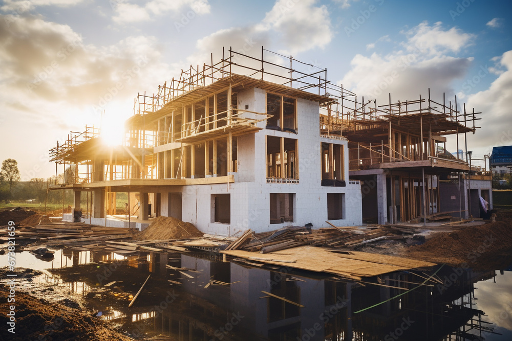 Fototapeta premium illustration of house building under construction. Created with Generative AI
