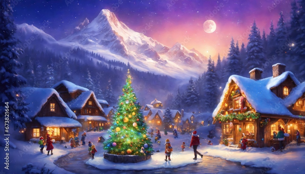 Fototapeta premium village, town, christmas, xmas, landscape, snowboarding, decoration, winter, house, water, tree, forest, holiday, night, happy, lights, illustration, digital, painting, home, season, star, sky, moon