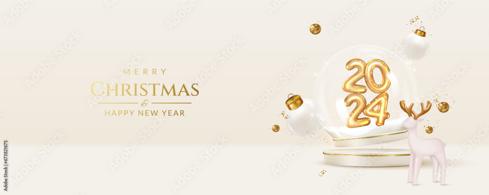 Christmas and New Year 2024 greeting card with transparent snow globe, balls and deer.