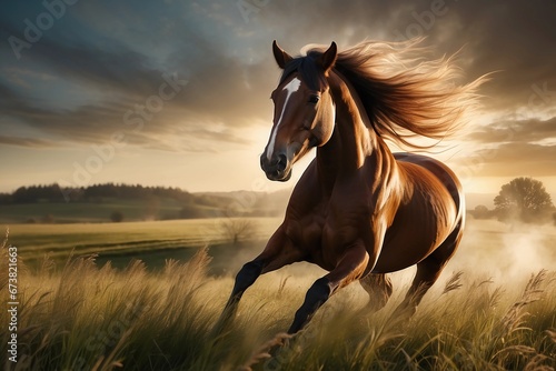 Countryside Serenity: Majestic Horse Galloping in Sunset Glow
