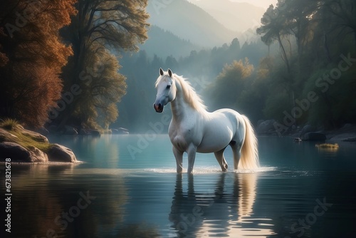 Ethereal Waters and Noble Steed: A Portrait of Magical Serenity