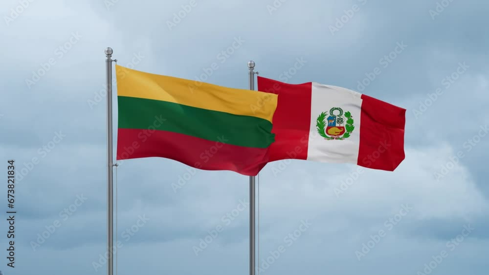 Peru and Lithuania flag waving together on cloudy sky, endless seamless loop, two country cooperation concept Peru and Lithuania flag waving together on cloudy sky, endless seamless loop, two country cooperation concept