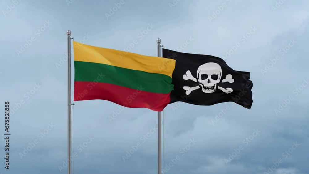 Lithuania flag and Jolly Roger or pirate flag waving together on cloudy sky, endless seamless loop Lithuania flag and Jolly Roger or pirate flag waving together on cloudy sky, endless seamless loop