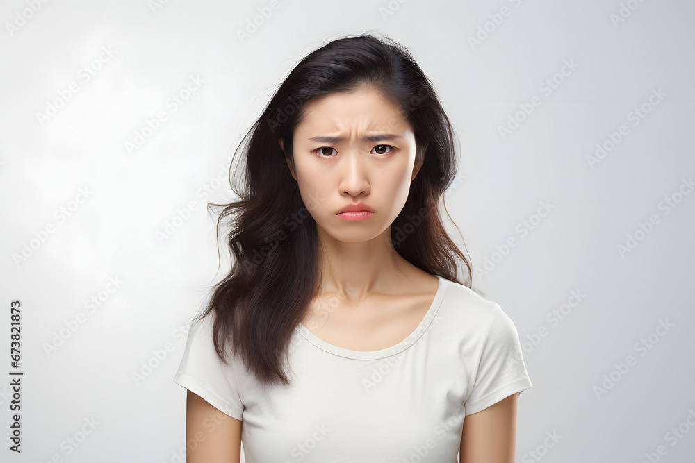 Sad Asian young adult woman portrait on light grey background. Neural network generated photorealistic image. Not based on any actual person or scene. Sad Asian young adult woman portrait on light grey background. Neural network generated photorealistic image. Not based on any actual person or scene.