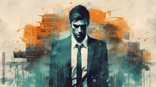 Illustration of businessman wearing suit and tie in abstract mixed grunge colors style. It can represent concepts of revenge, corruption, mafia and dirty business. photo