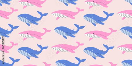 Blue and pink whales seamless pattern. Sea animal. Undersea life. World whale day. Baby nursery. Background, banner, digital paper, wallpaper.