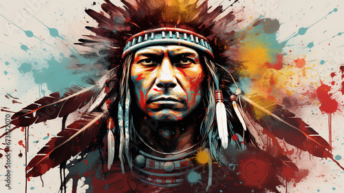 Illustration of native American Indian warrior in abstract mixed grunge colors style. photo