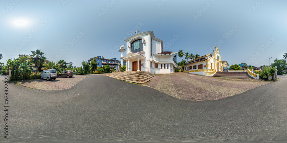 Obraz premium full hdri 360 panorama of modern catholic church in jungle among palm trees in Indian tropic village in equirectangular projection with zenith and nadir. VR AR content