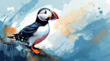 Illustration of puffin bird in mixed grunge color pop art style.