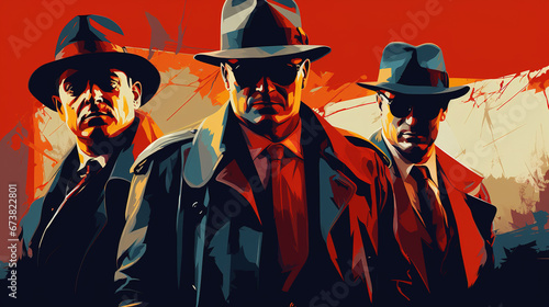 Illustration of cool looking a mafia or gangster in mixed grunge color pop art style. photo
