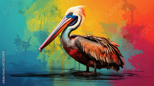 Illustration of pelican bird in mixed grunge color pop art style.